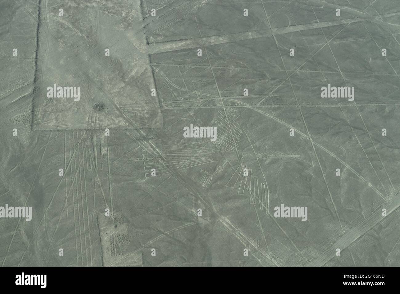 Aerial View of The Condor Geoglyph at the Nazca Lines in Peru Stock Photo