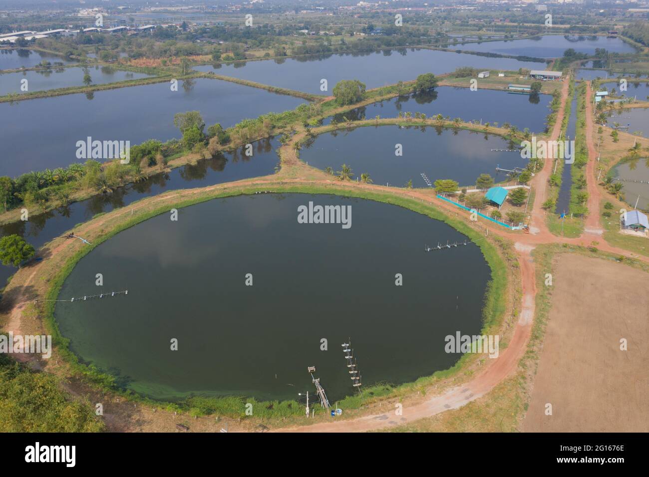 Aerial view from flying drone of Fish pond, fish farm Stock Photo