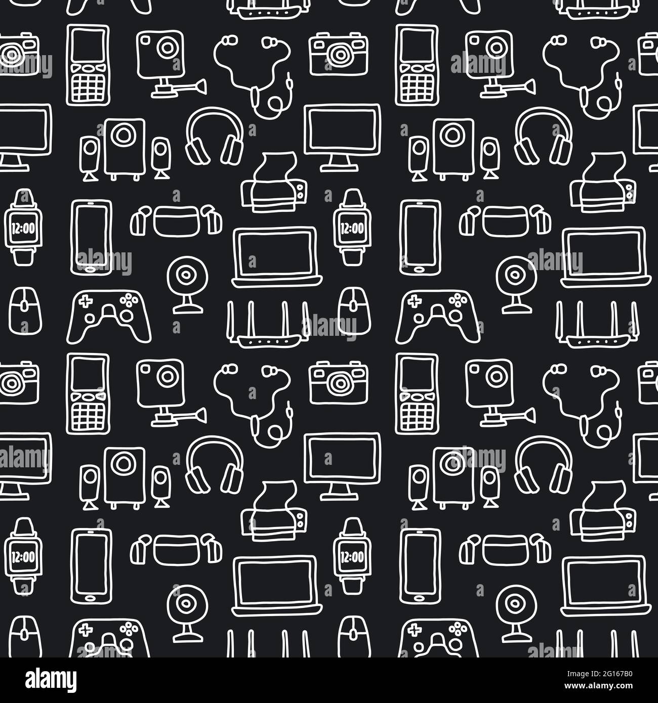 Black and white cartoon seamless pattern of the digital devices and gadgets. Stock Vector