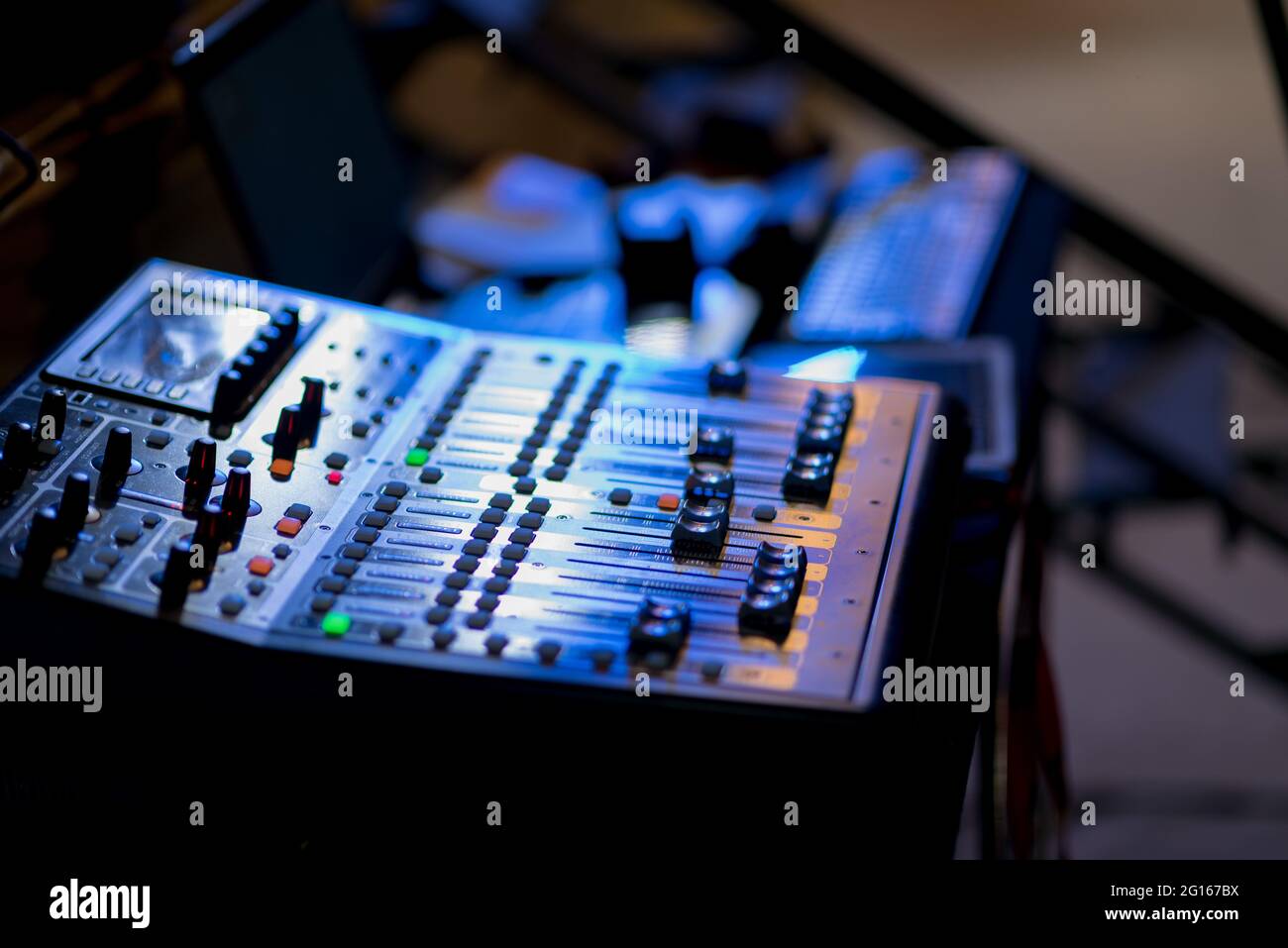 sound check for concert, mixer control, music engineer, backstage Stock Photo Alamy