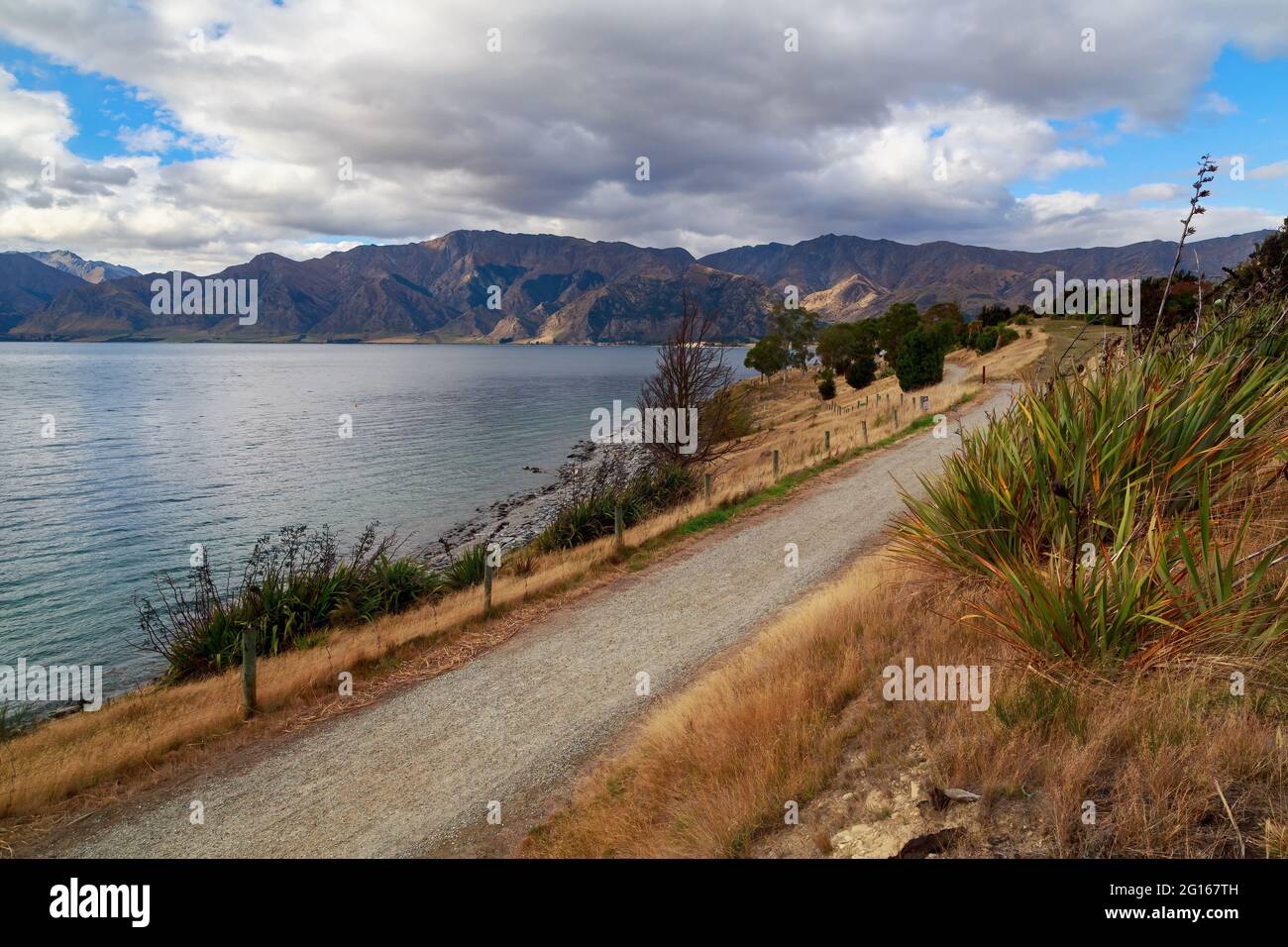 Lake Hawea in the Otago region of New Zealand's South Island. A gravel road runs along the shoreline Stock Photo
