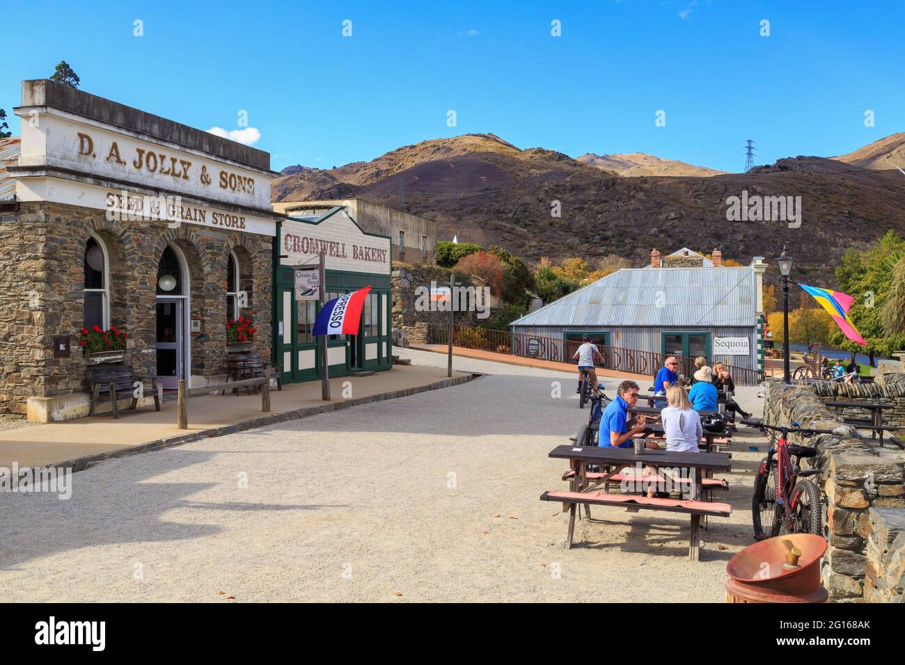 Historic, gold rush-era buildings of the Cromwell Heritage Precinct, a tourist attraction in the town of Cromwell, New Zealand Stock Photo