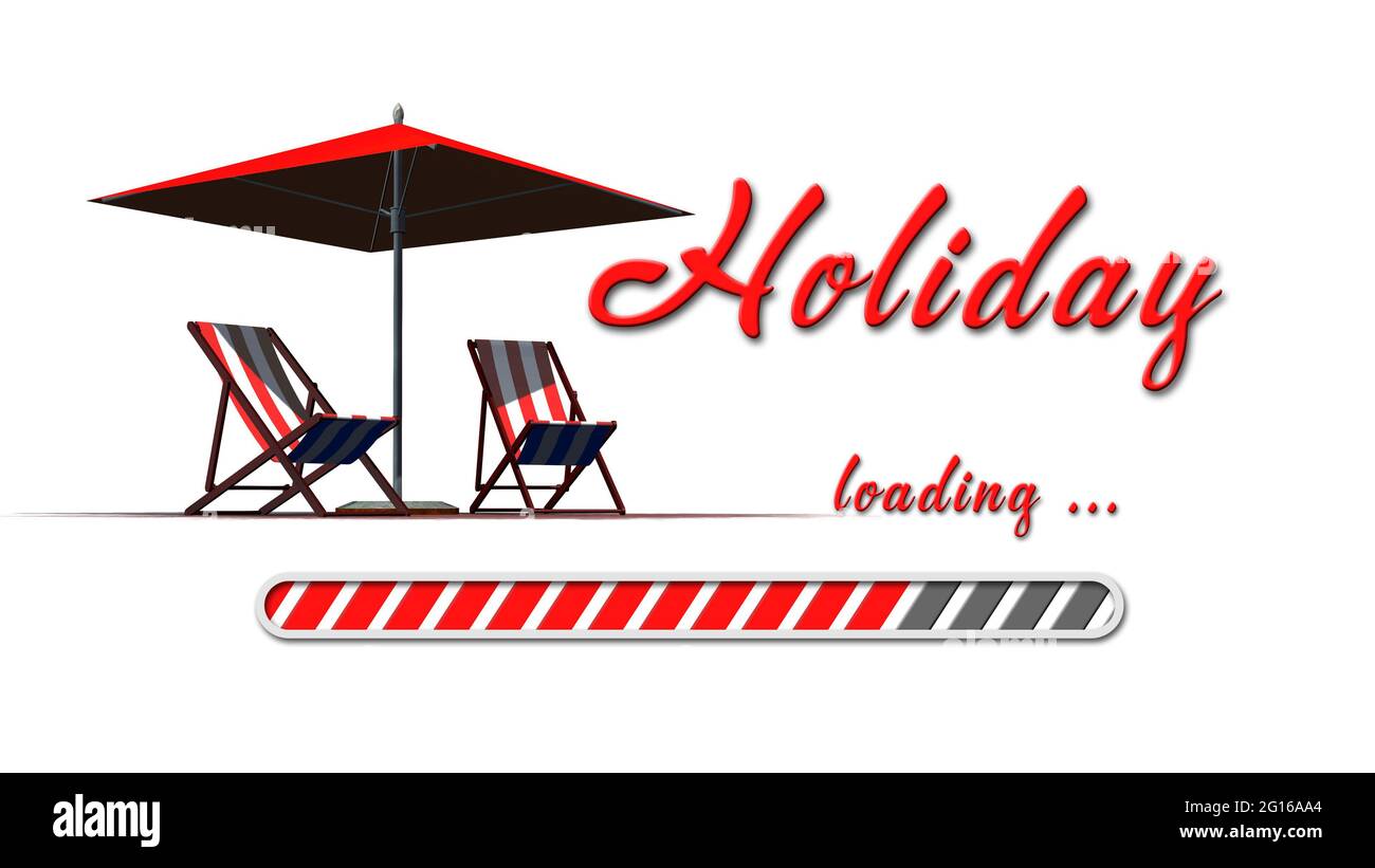 Holiday loading greeting card with sun chairs and umbrella red