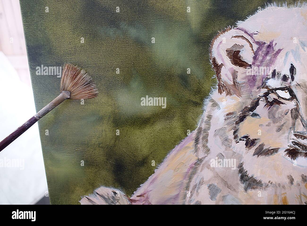 Oil Painting in Progress - Snow Leopard Stock Photo