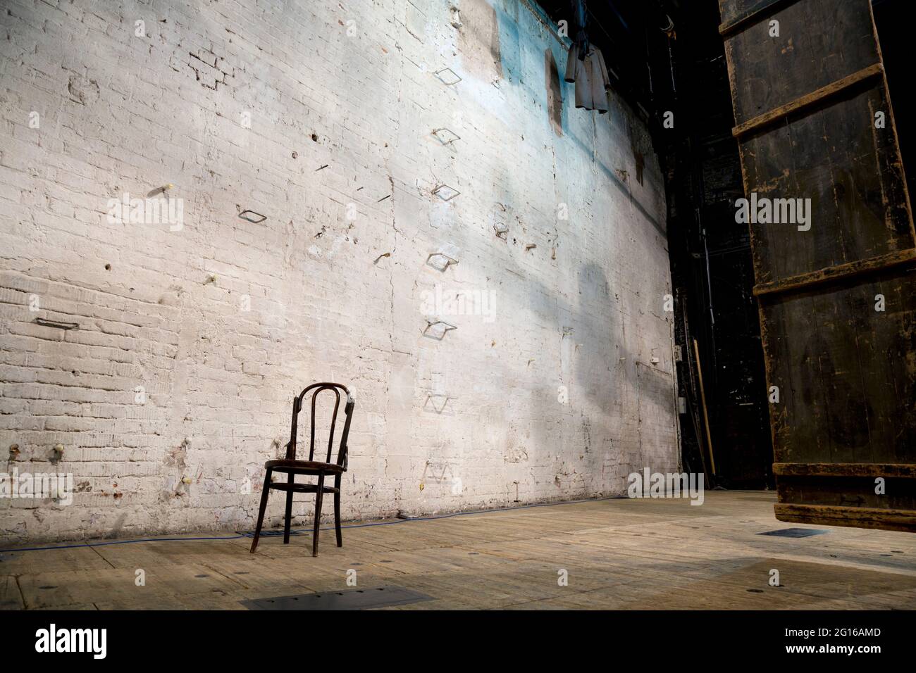 Moscow, Russia. 14th of February, 2014 The famous white brick wall - the backdrop of the stage of the Taganka Theater in the anniversary year in the city of Moscow, Russia. The Drama and Comedy Theater was founded in 1946. Stock Photo