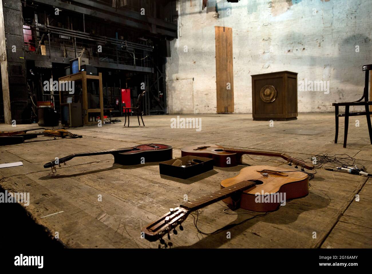 Moscow, Russia. 14th of February, 2014 The stage of the Taganka Theater in the anniversary year before the performance 'Orchestra Rehearsal' in Moscow, Russia Stock Photo
