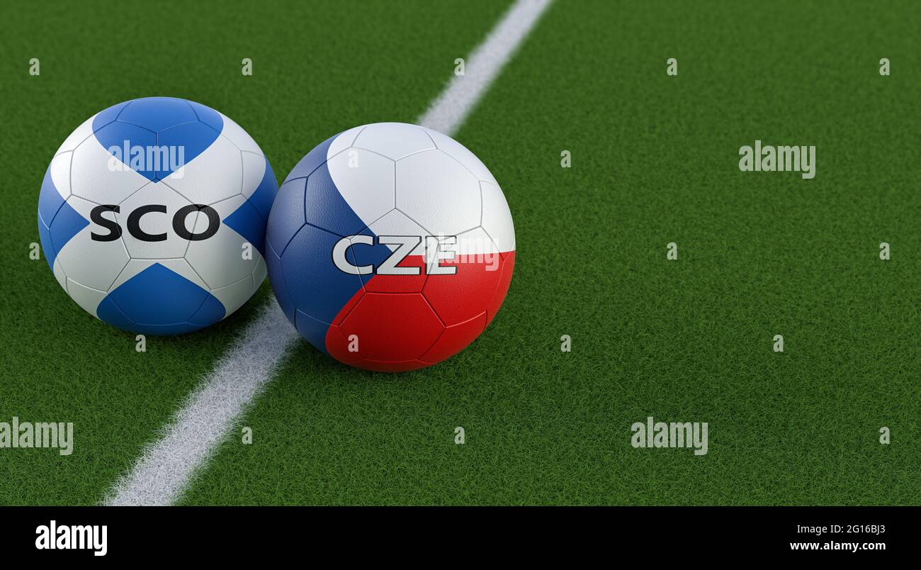 Scotland vs. Czech Republic Soccer Match - Leather balls in Scotland and Czech Republic national colors on a soccer field. Copy space on the right sid Stock Photo