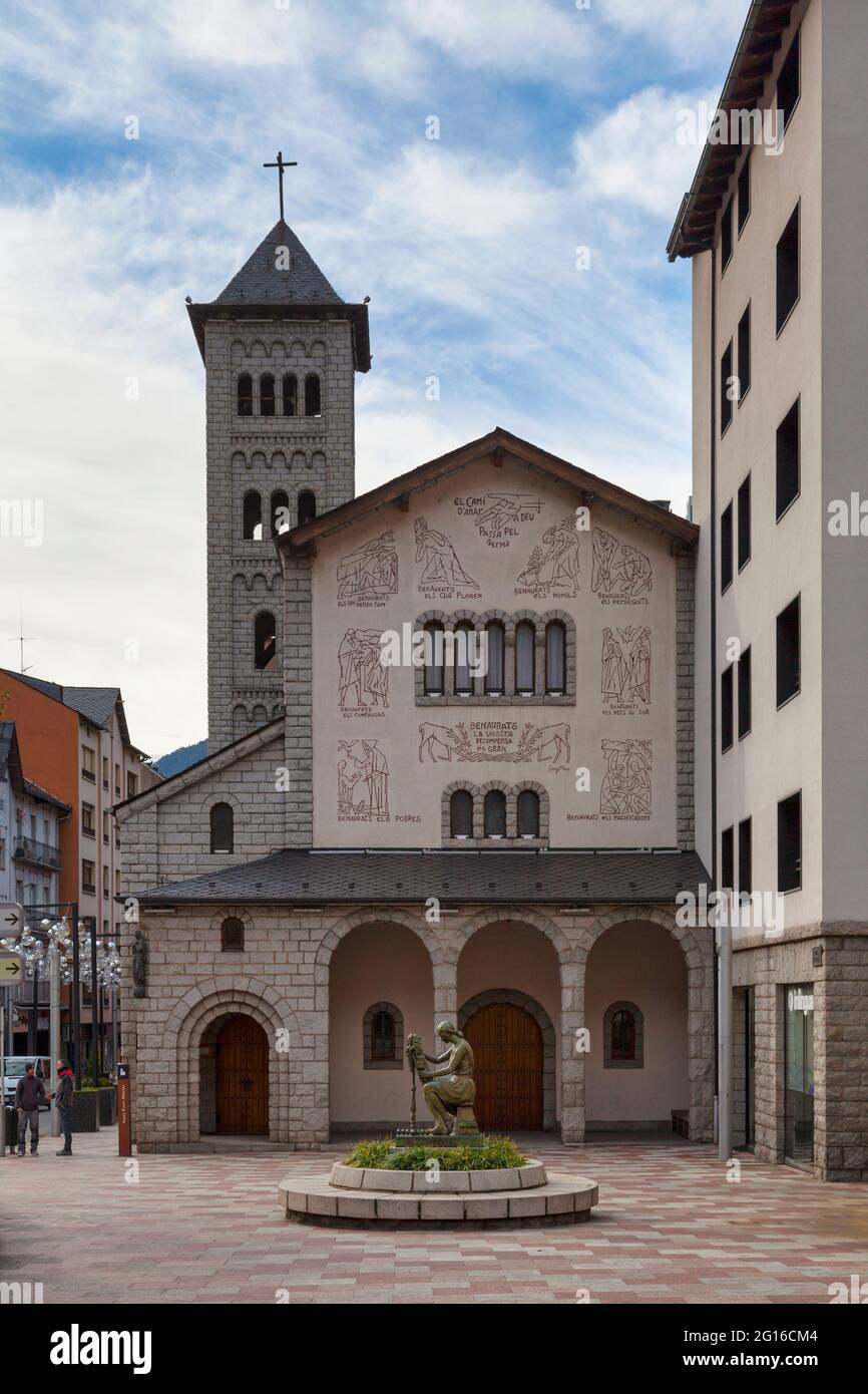 Les Escaldes, Andorra, November 26 2019: The Church of San Pedro Martir, is a church located near the Carmen Thyssen Museum. It is a heritage property Stock Photo