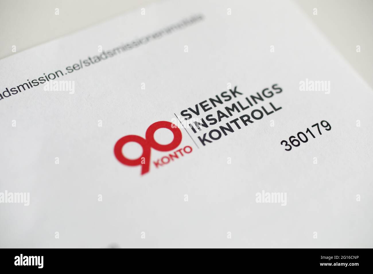 Mail from Linköping Stadsmission to donate a gift. Here with the text '90-account Swedish fundraising control'. Stock Photo