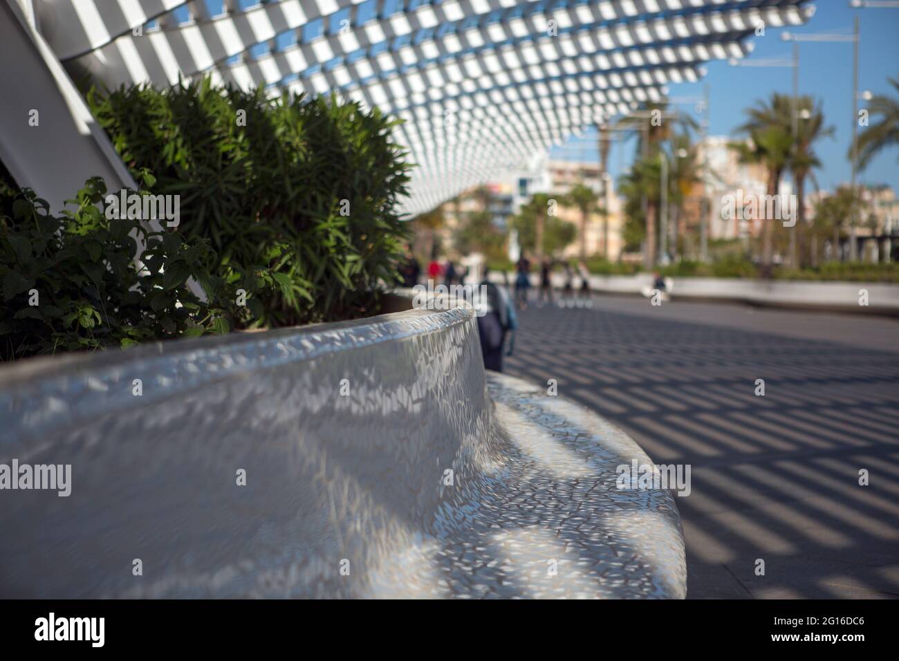 Selective focus photography of a designer bank located in El Paseo Vista Alegre in Torrevieja, next to the Nautical Club and is a very popular tourist Stock Photo