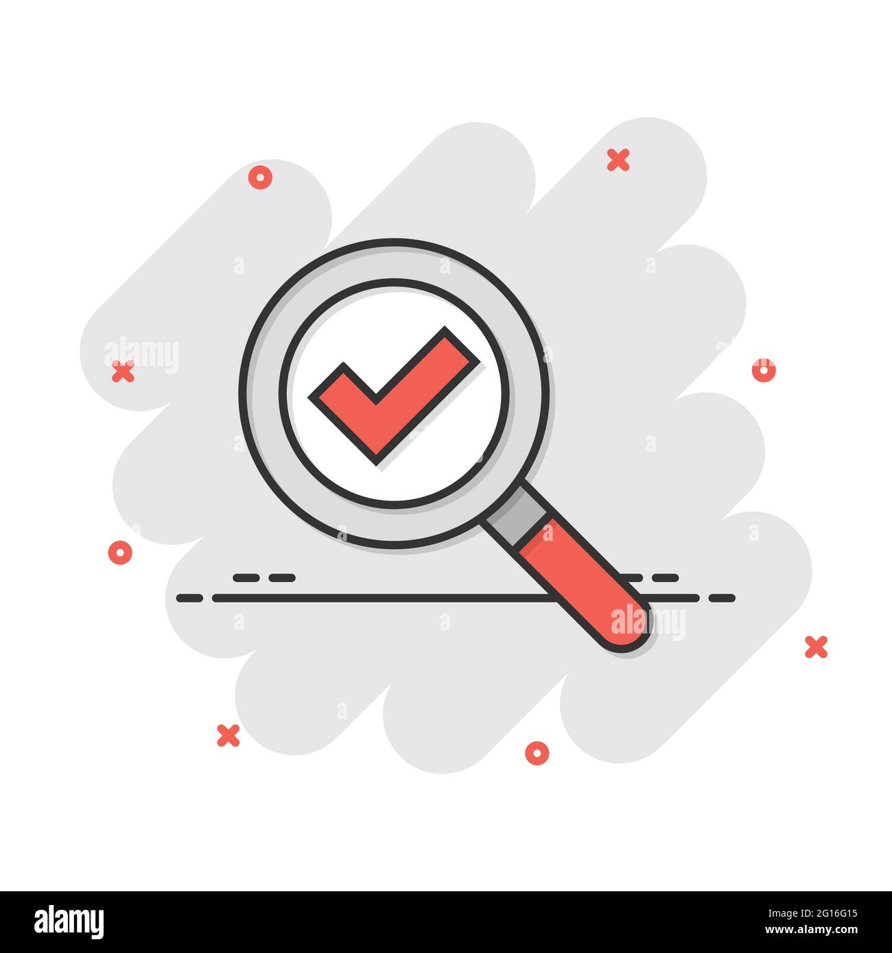 Check mark with magnifying glass icon in comic style. Loupe accept ...