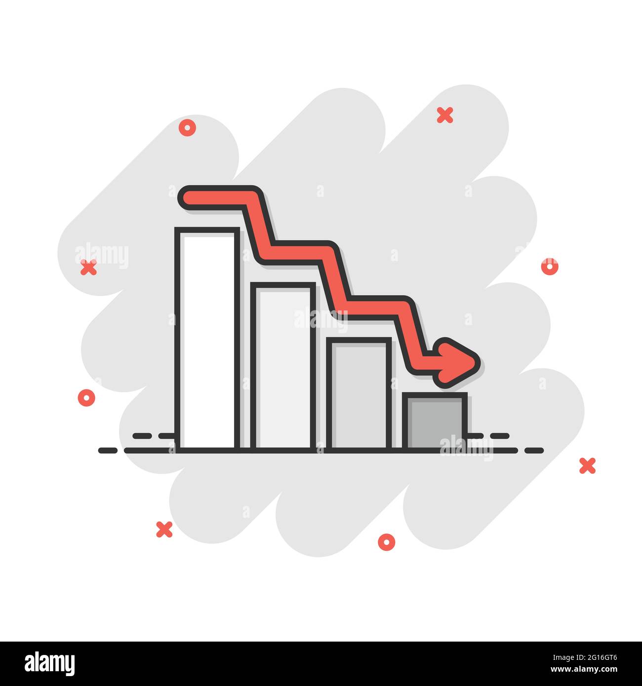 Market trend icon in comic style. Decline arrow with magnifier cartoon