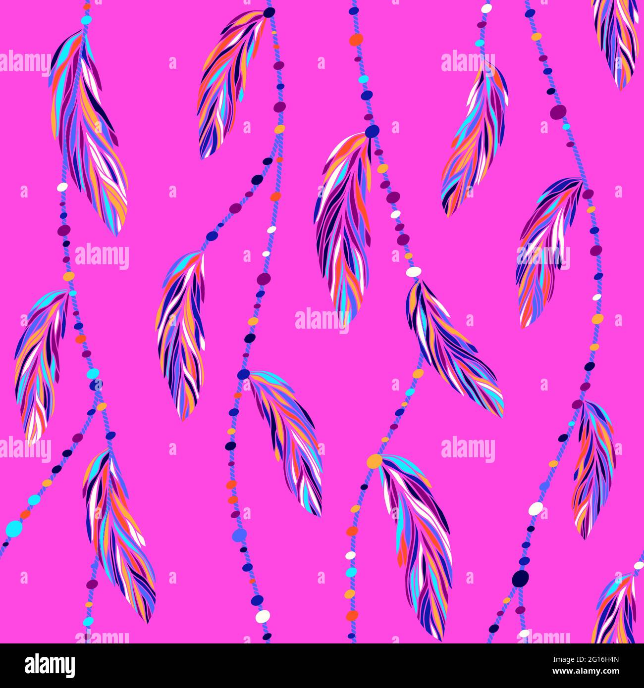 Colorful exotic tropical bird feathers, boho threads and beads seamless vector pattern. Different multicolor feathers vector illustration, boho style. Stock Vector