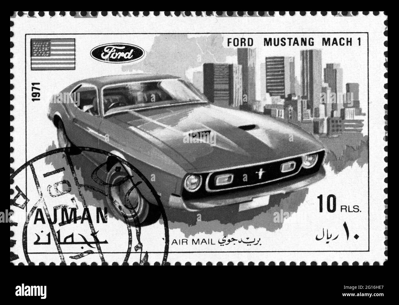 Stamp print in Ajman,1971,old cars,Mustang Mach 1 Stock Photo