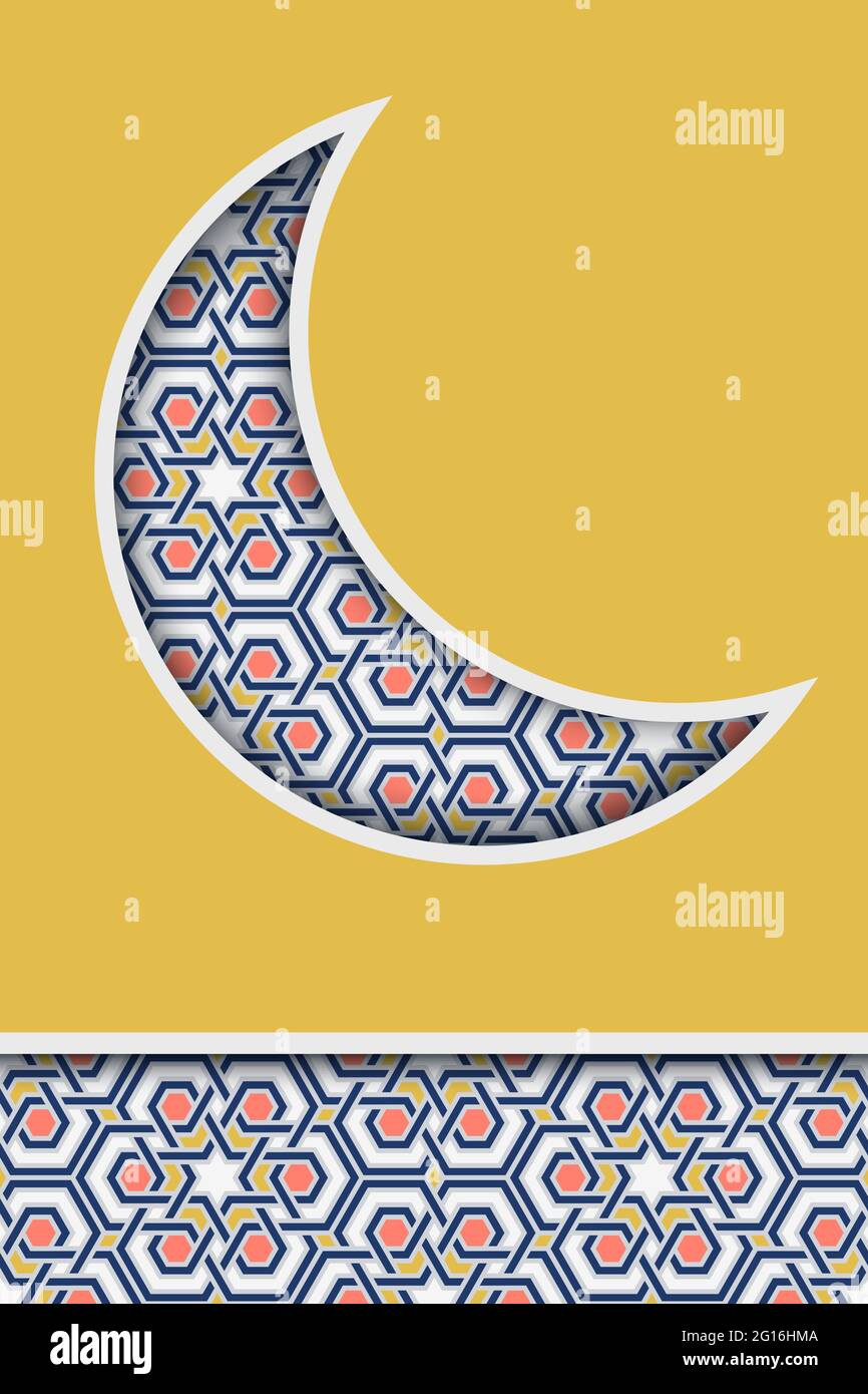 Muslim holiday greeting card template. Half moon crescent with traditional arabic islam art moroccan pattern. Vector illustration. Ramadan Kareem, Eid Stock Vector