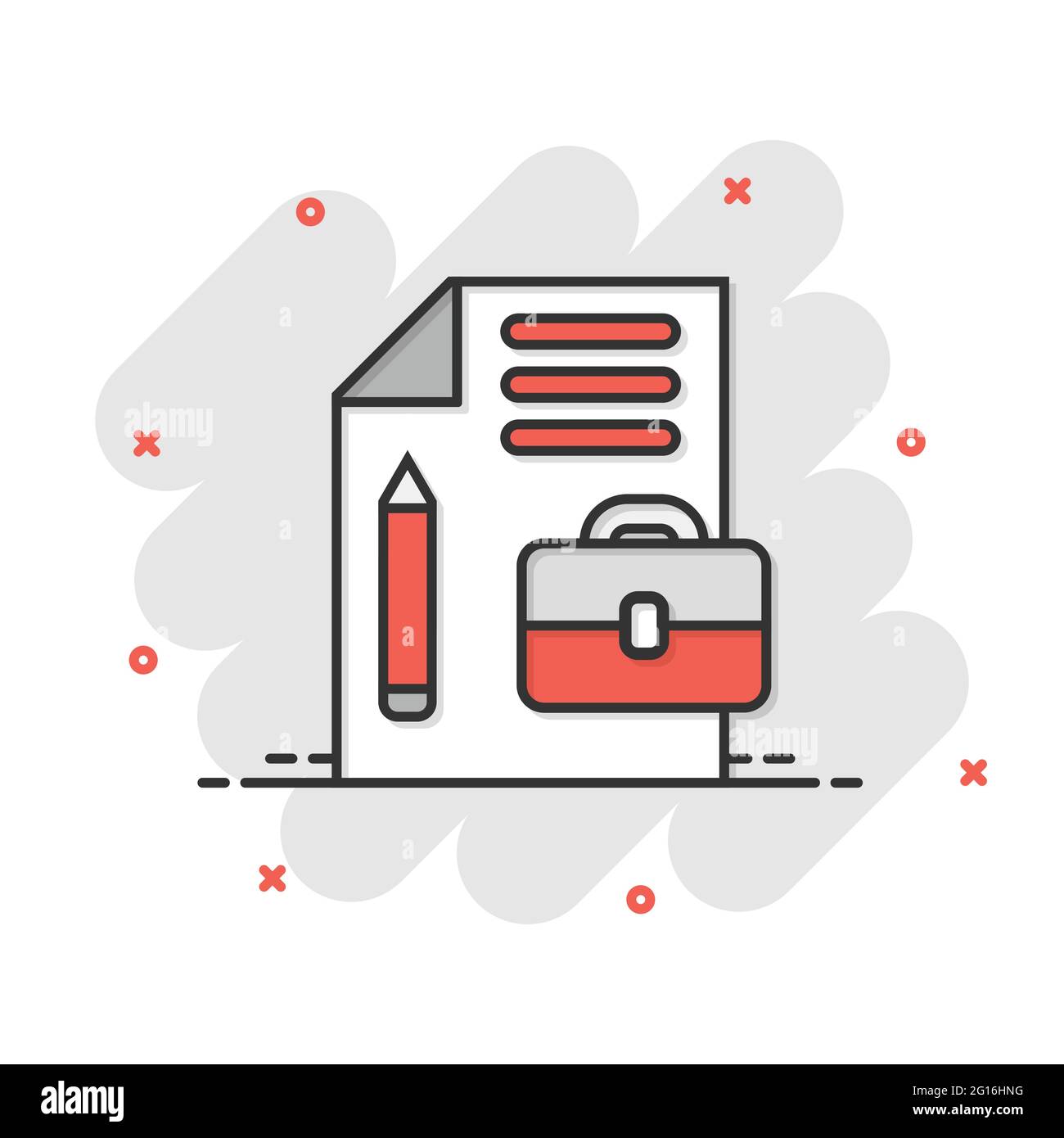 Document note with pen icon in comic style. Paper sheet pencil and briefcase cartoon vector illustration on white background. Notepad document splash Stock Vector
