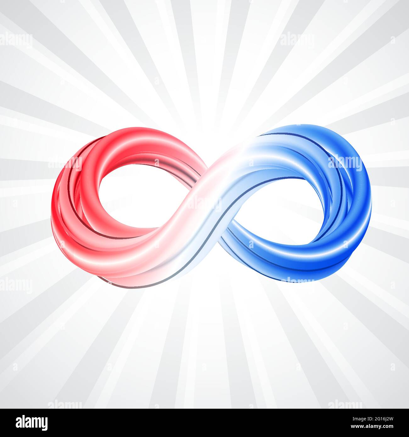 Colorful 3d infinity icon on white grey rays background. Abstract math background. Red and blue colored infinity symbol. Vector illustration. Stock Vector