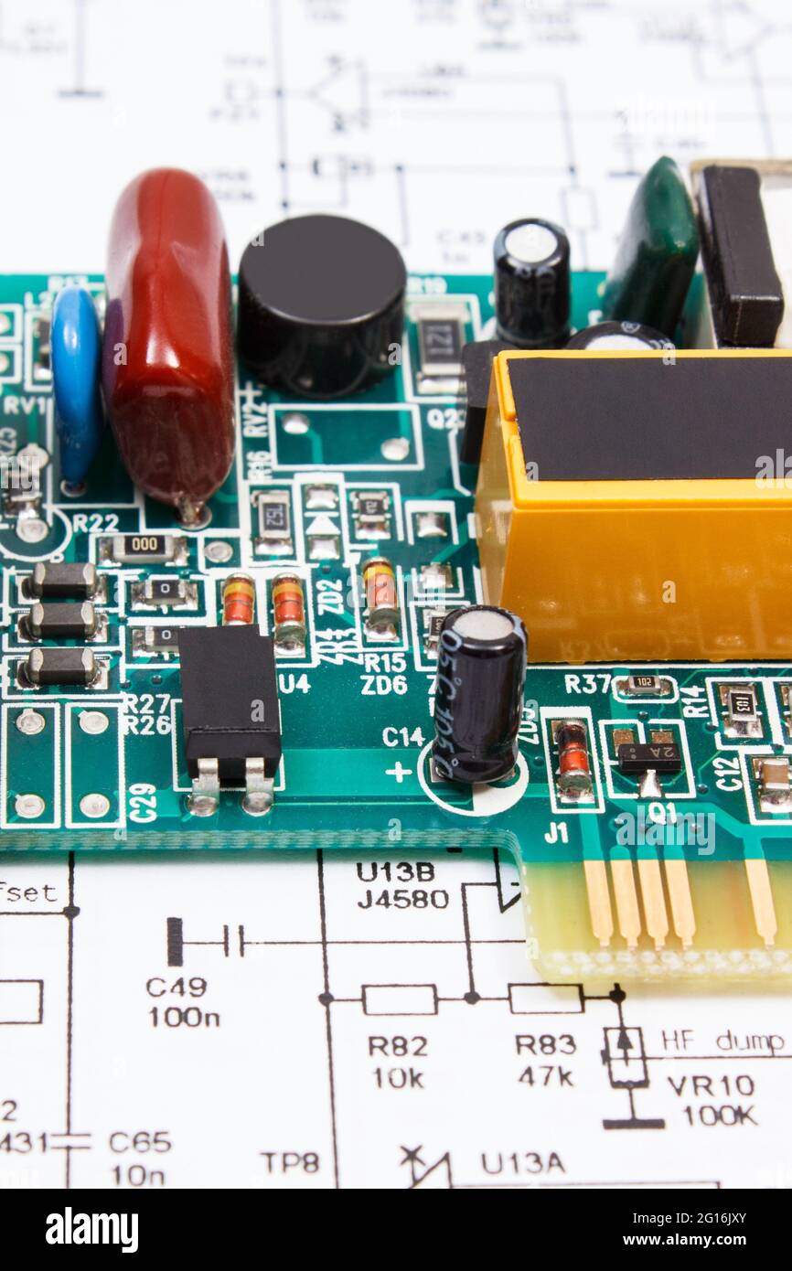 Printed circuit board with transistors, resistors, capacitor. Diagram