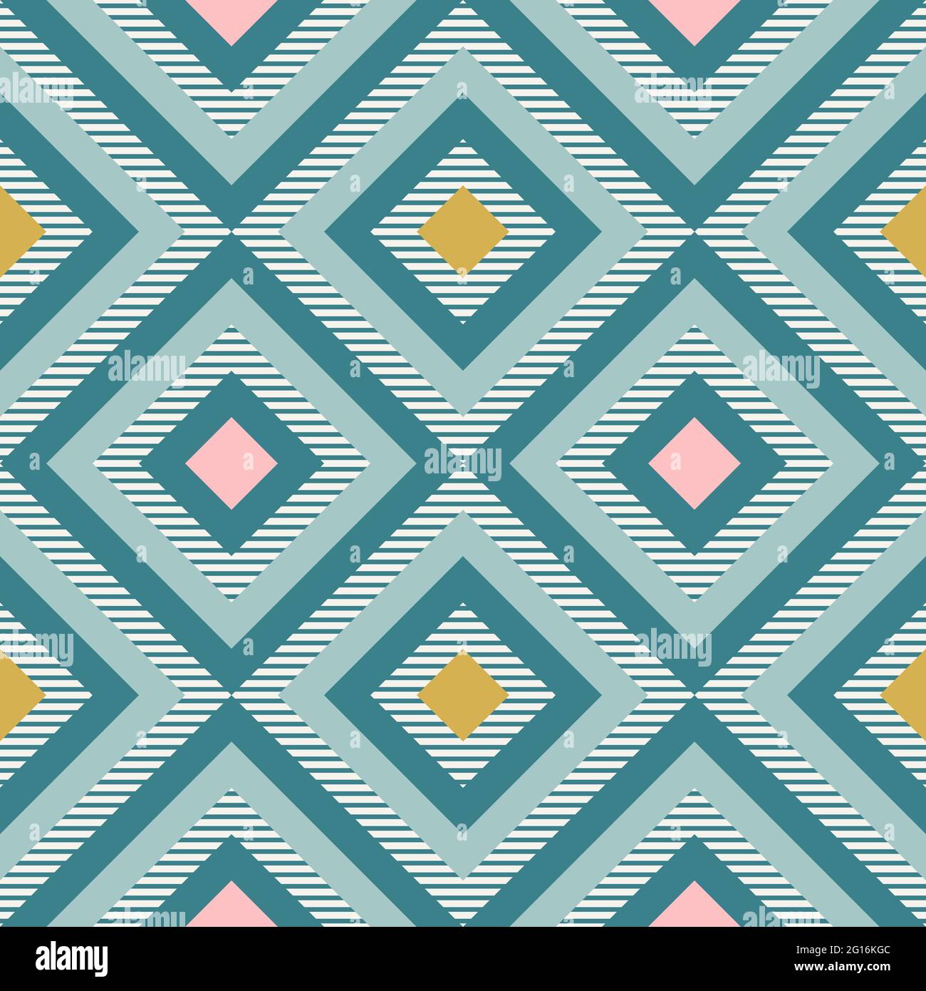 Abstract geometry in retro colors, diamond shapes geo pattern. Seamless vector pattern. Mint and coral pink background. Fashion fabric pattern design. Stock Vector