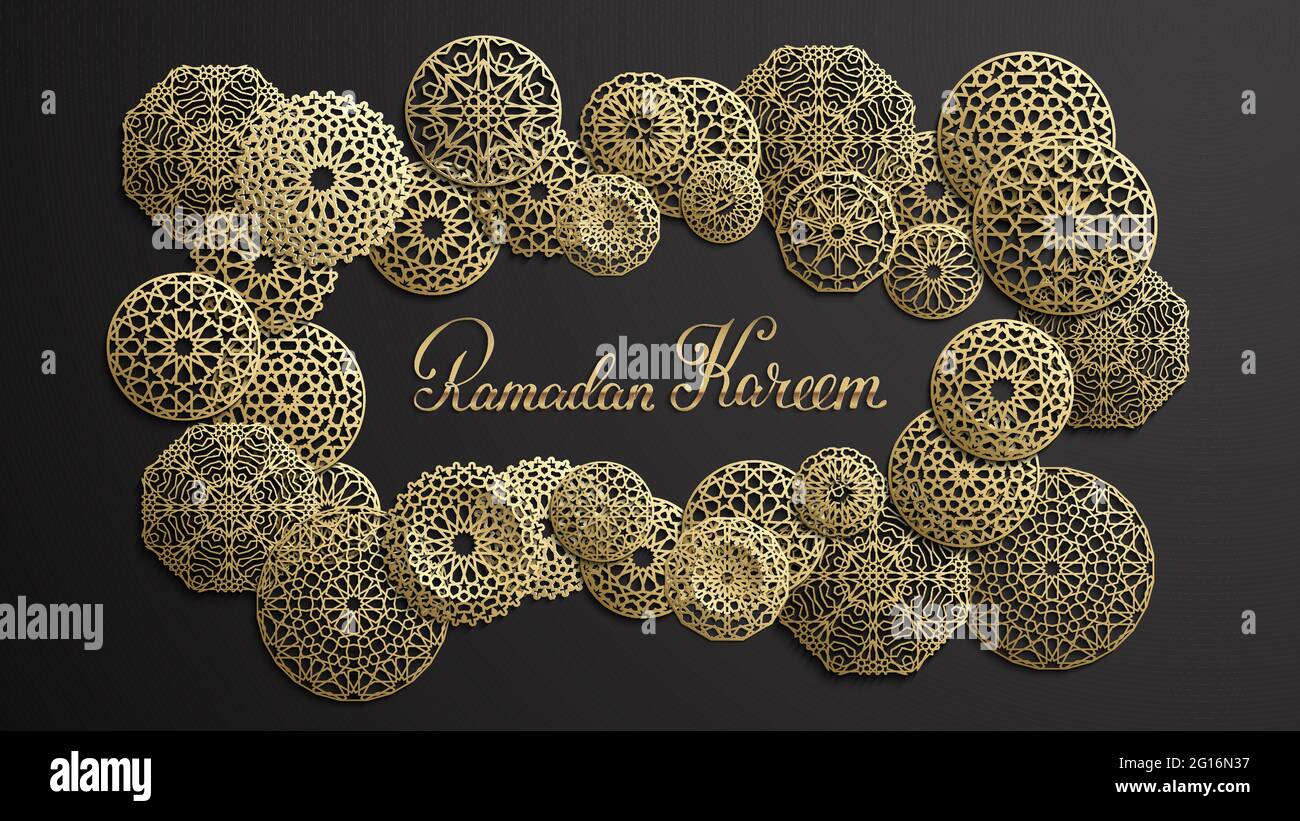 Ramadan Kareem Gold lettering. Islamic round pattern set in arabic style on black background. Vector illustration. Stock Vector