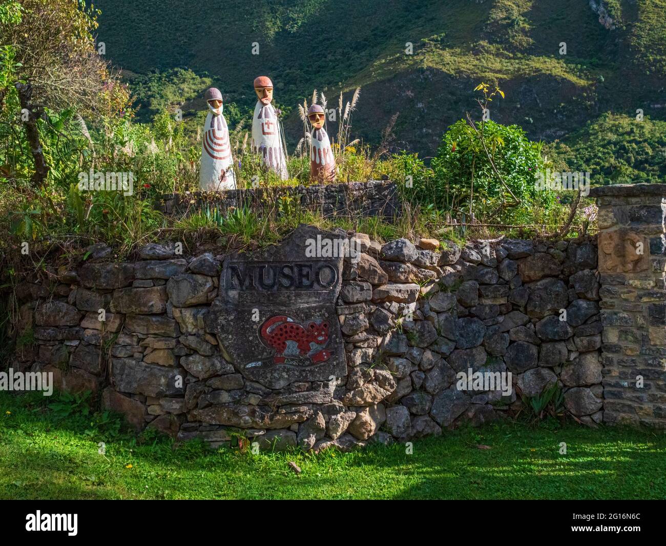 LEYMEBAMBA, PERU - JUNE 25, 2019: Replicated sarcophagi of Karajia at the entrance of the museum in the town of Leymebamba, Peru Stock Photo