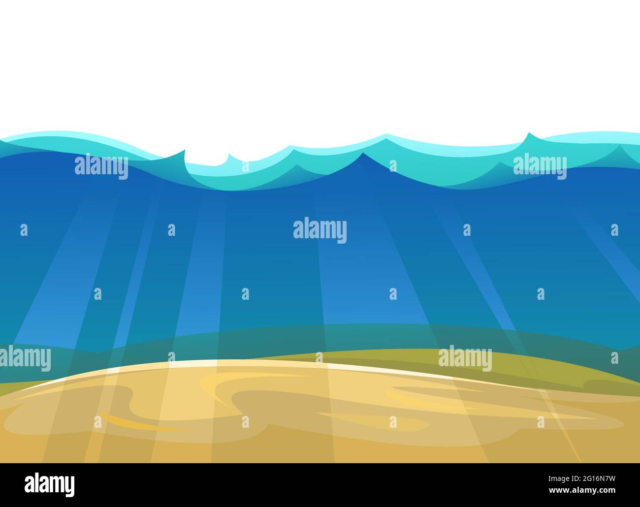 Sandy bottom of the reservoir. Blue transparent clear water. Sea ocean. Underwater landscape. Isolated. Illustration in cartoon style. Flat design Stock Vector