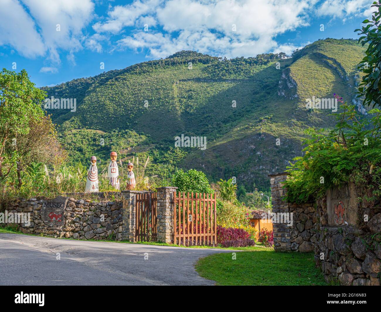 LEYMEBAMBA, PERU - JUNE 25, 2019: Replicated sarcophagi of Karajia at the entrance of the museum in the town of Leymebamba, Peru Stock Photo