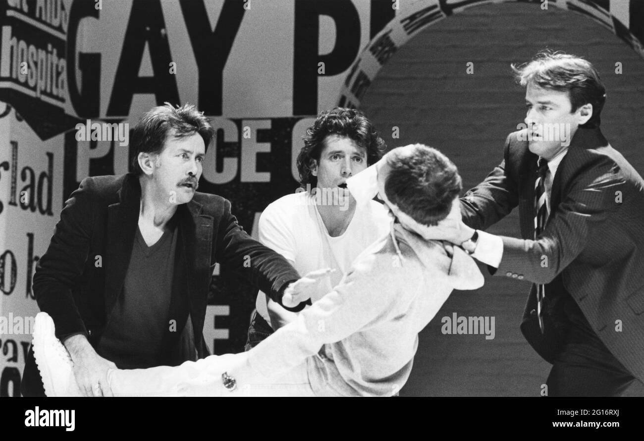 l-r: Martin Sheen (Ned Weeks), Joris Stuyck (Mickey Marcus - being supported), Kerry Shale (Craig Donner), John Terry (Bruce Niles) in THE NORMAL HEART by Larry Kramer at the Royal Court Theatre, London SW1 20/03/1986  design: Geoff Rose  lighting: Gerry Jenkinson  director: David Hayman Stock Photo