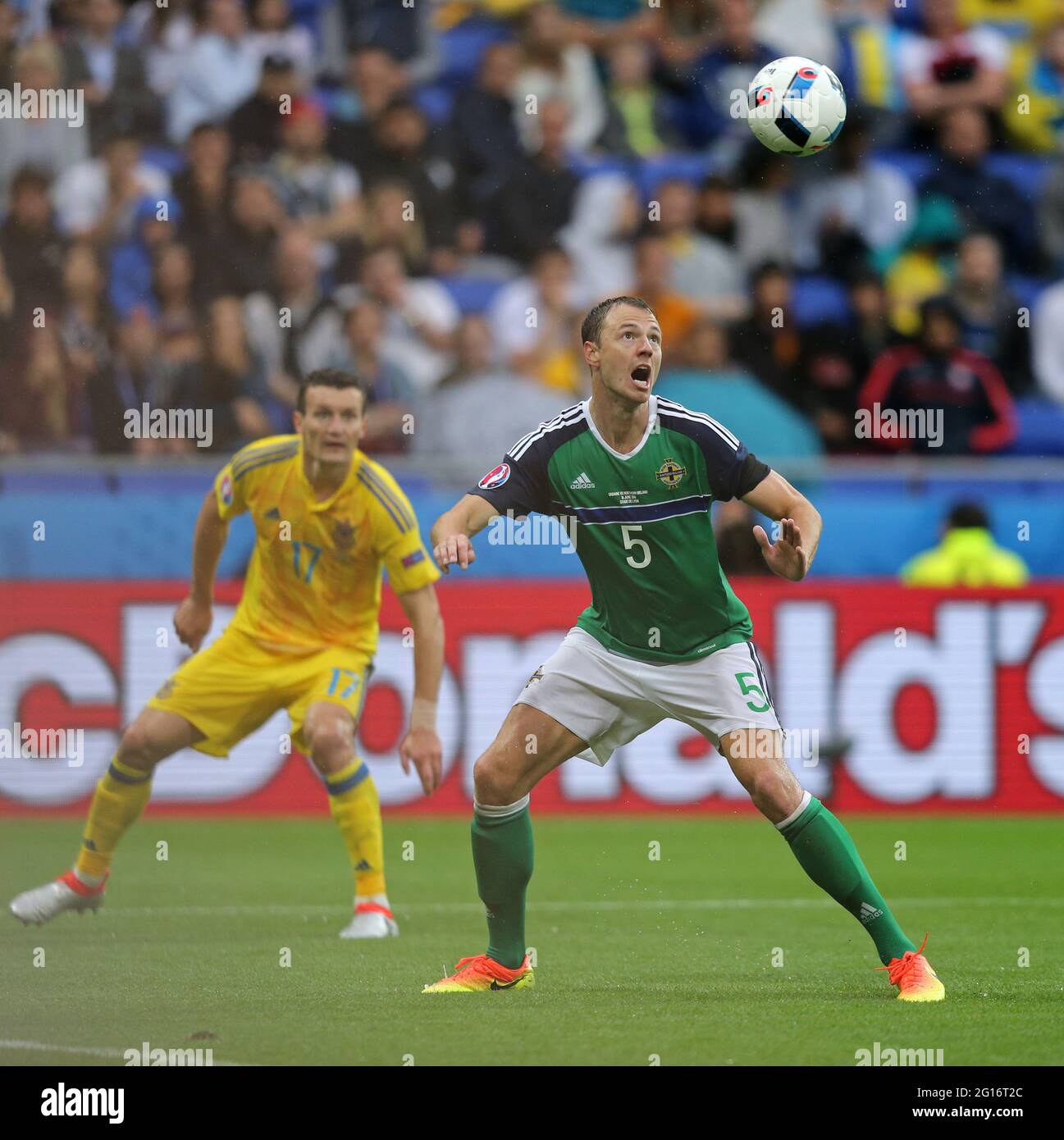 LYON, FRANCE - JUNE 16, 2016: Jonny Evans of Northern Ireland in action during UEFA EURO 2016 game against Ukraine at Stade de Lyon stadium in Lyon. Northern Ireland won 2-0 Stock Photo