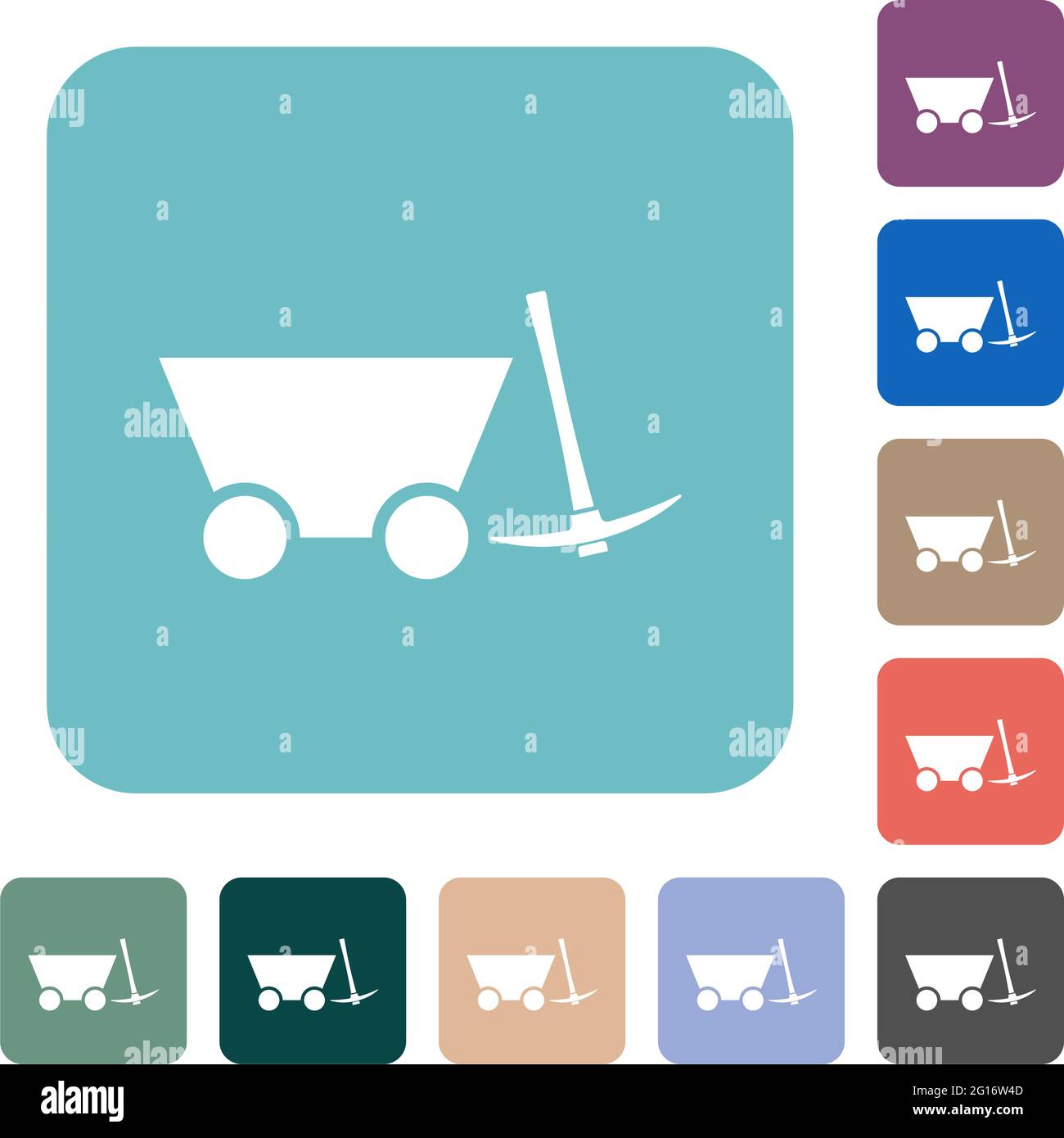Mine cart and pickaxe white flat icons on color rounded square ...