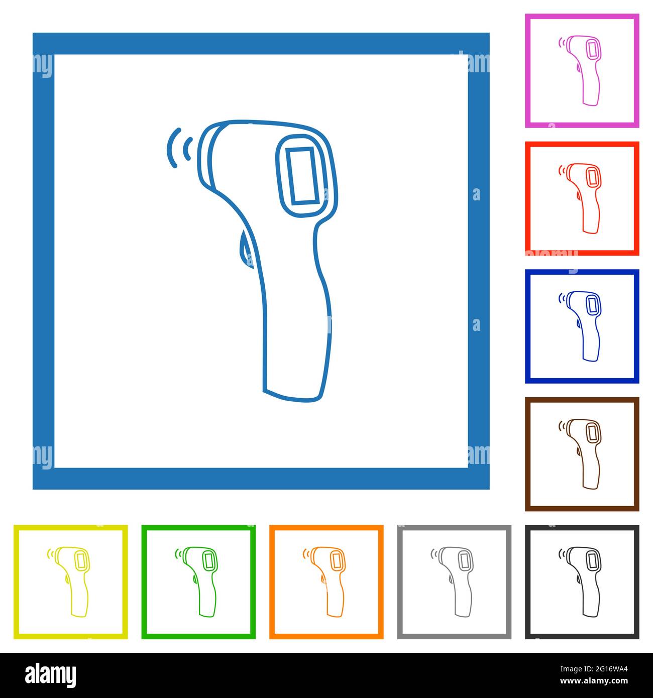 Contactless thermometer flat color icons in square frames on white ...