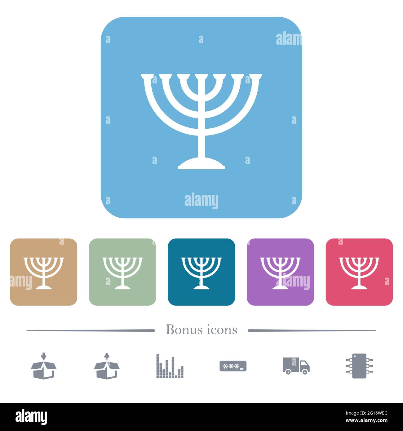 Menorah white flat icons on color rounded square backgrounds. 6 bonus icons included Stock Vector