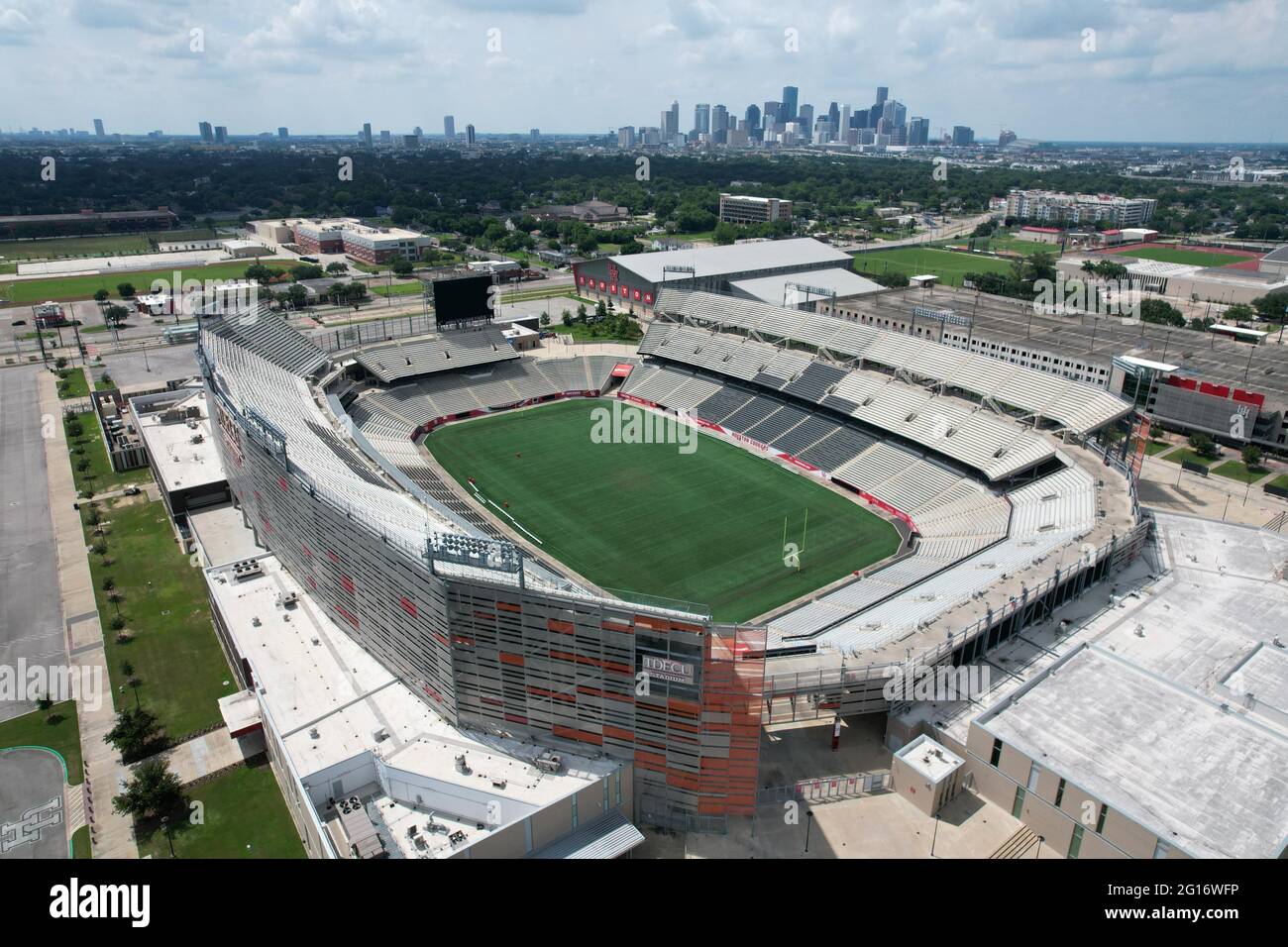 An aerial view of TDECU Stadium on the campus of the University of
