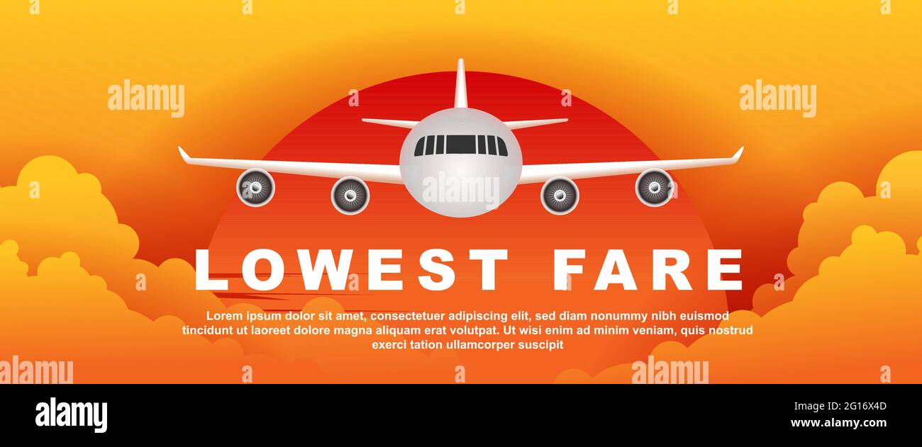 lowest fare. flight promotion. aeroplane fly in the sky sunset time. banner vector illustration Stock Vector