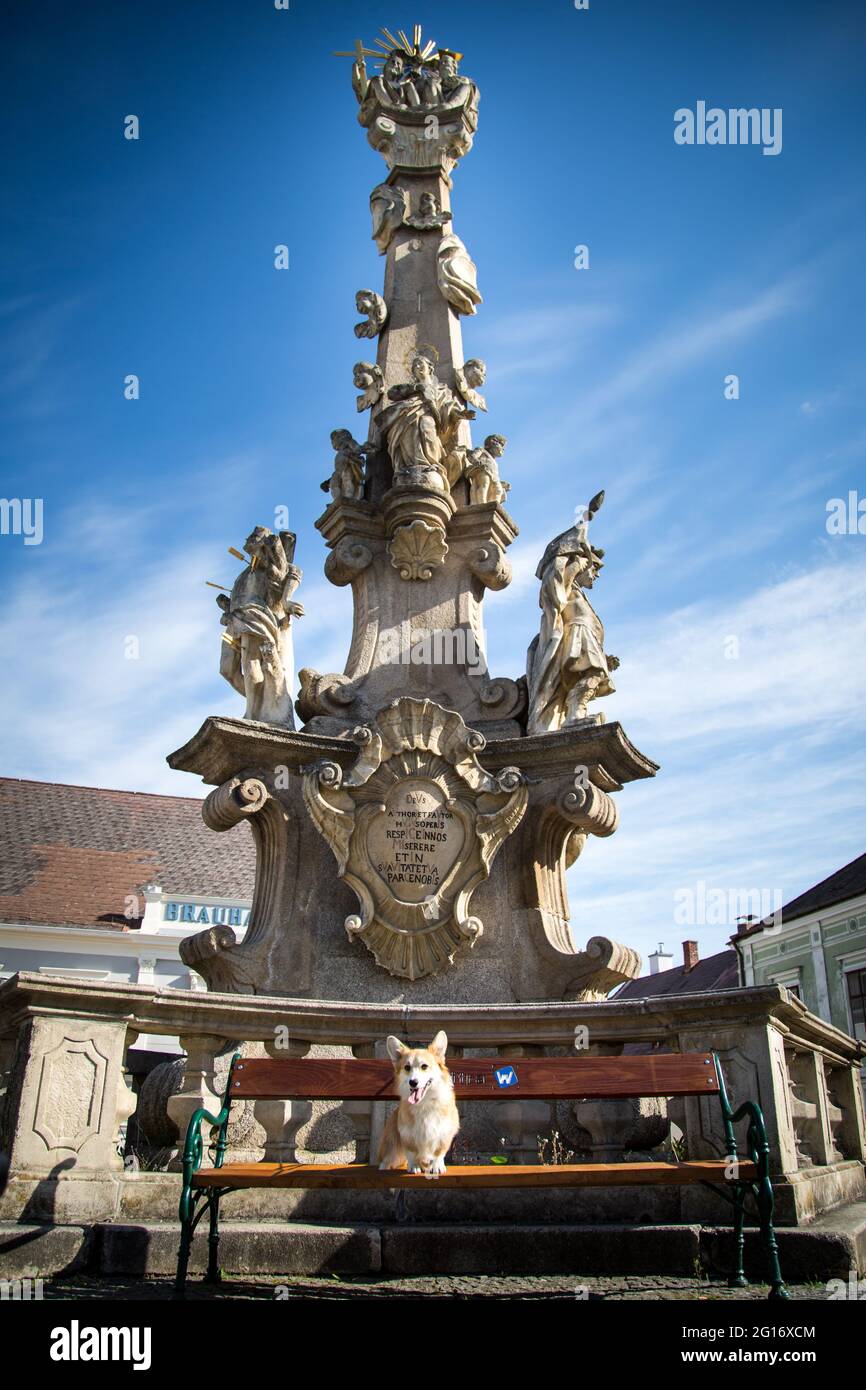 Welsh Corgi Pembroke in front of a statue in Weitra, Austria Stock Photo