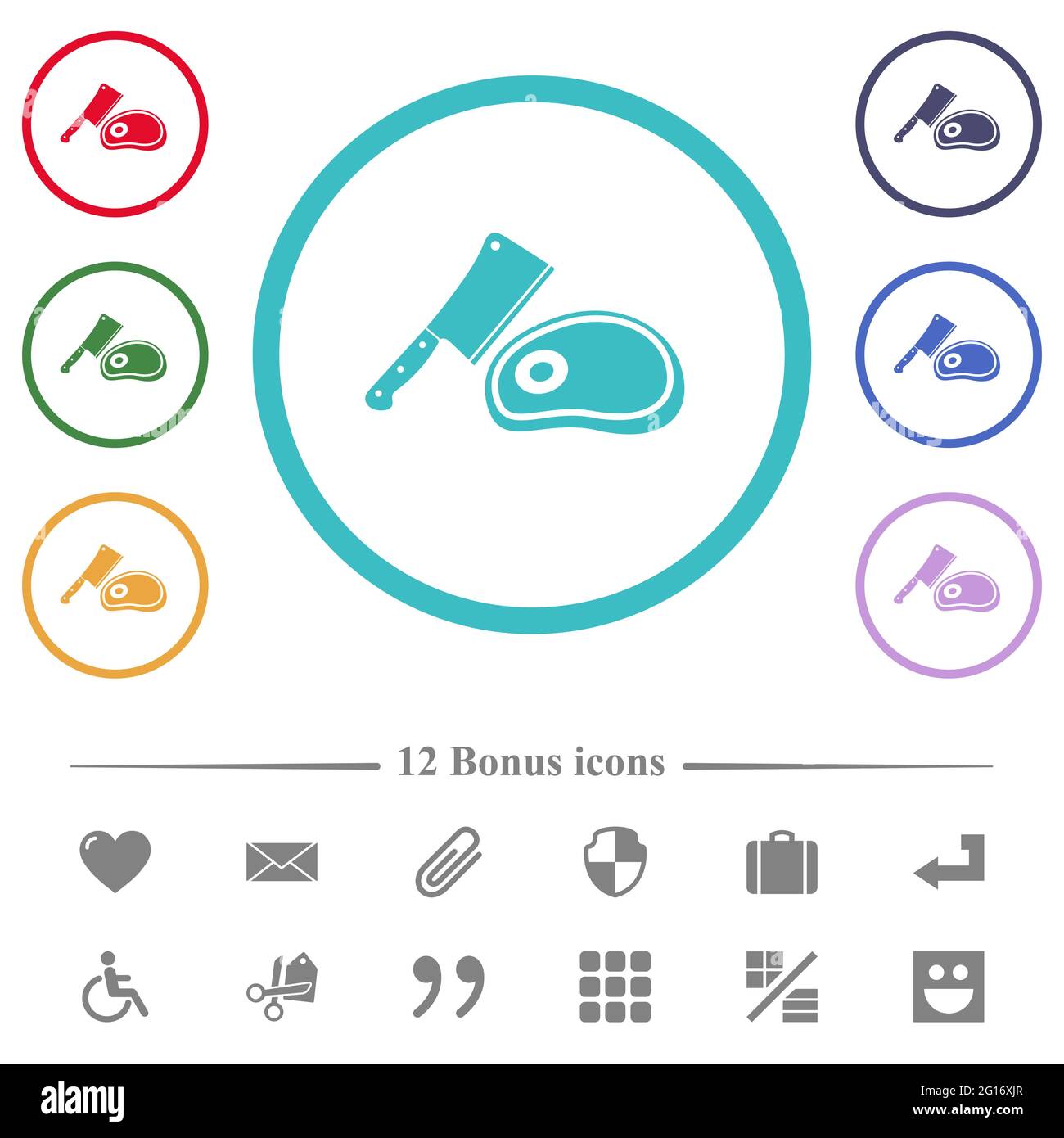 Meat cleaver knife and steak flat color icons in circle shape outlines ...