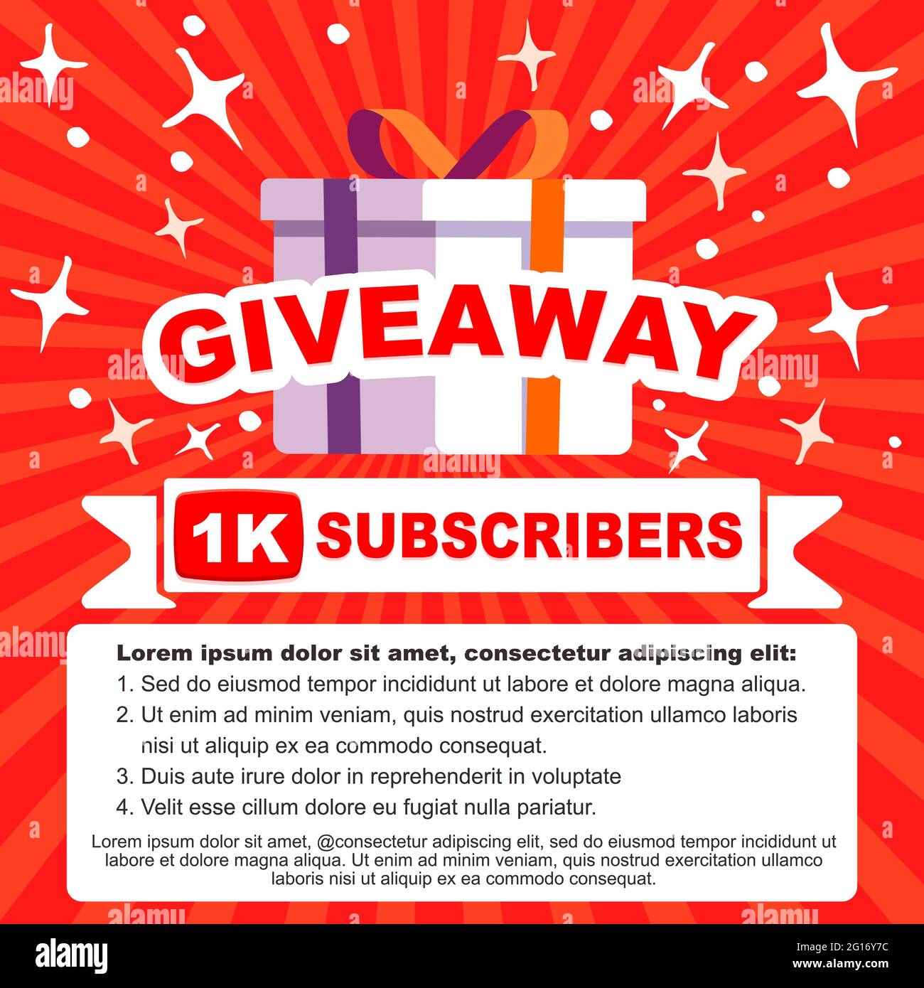 giveaway 1K (1000) video vlog subcribers. gift box above text. template design for social media post or website banner. Clean illustration with modern Stock Vector