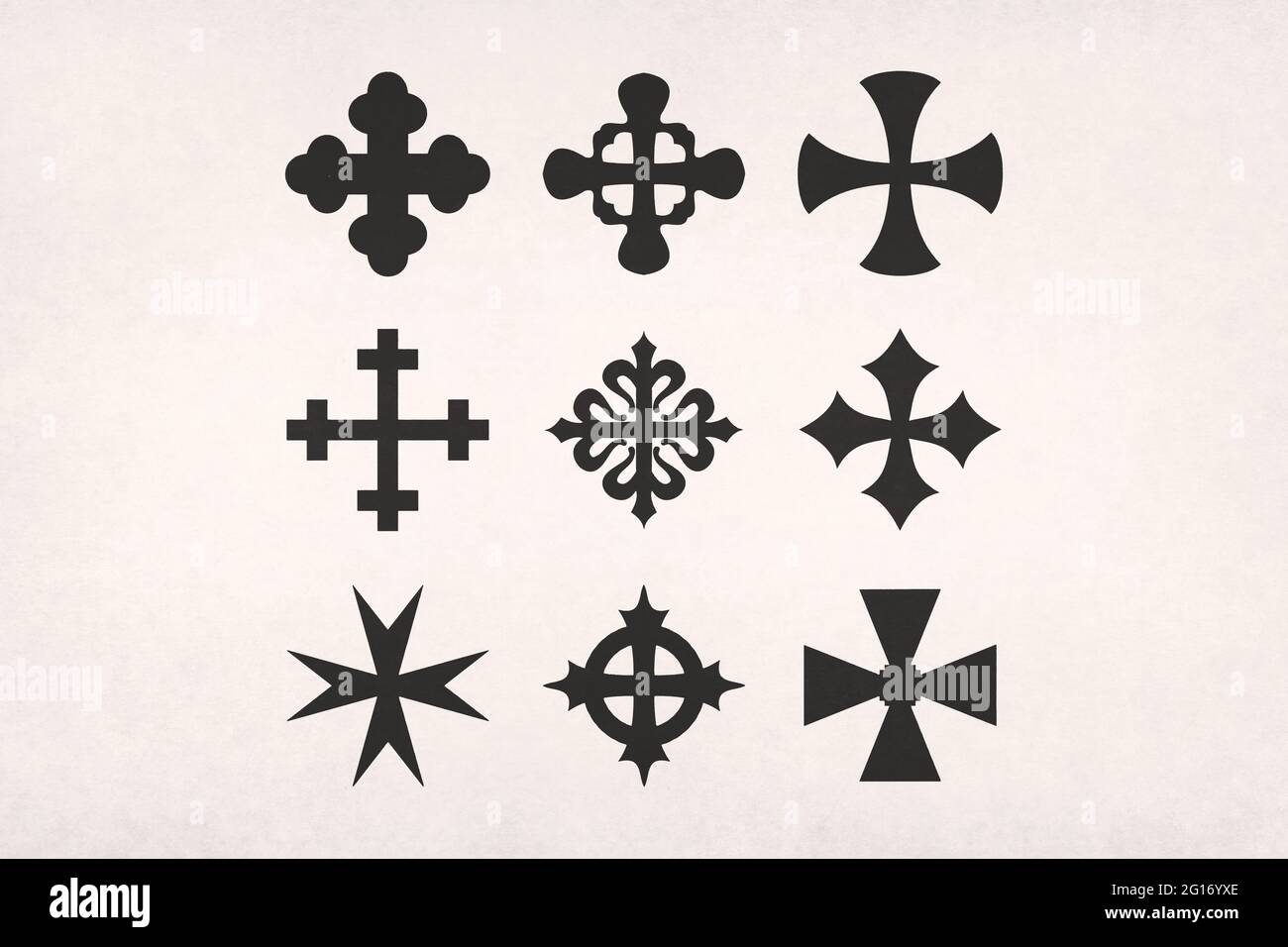 Nine different shape of crosses printed on paper. Stock Photo