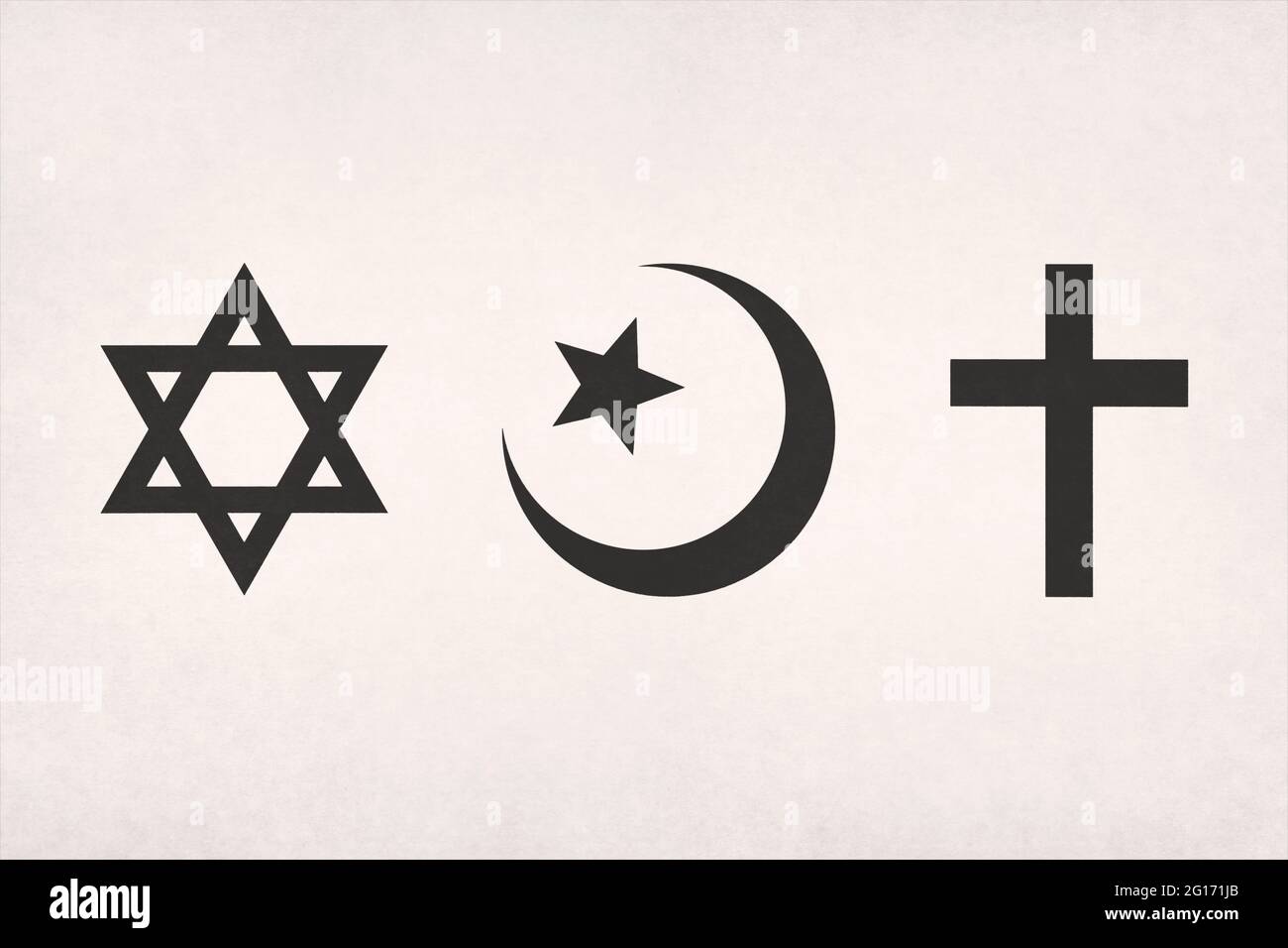 The Abrahamic symbols (Judaism, Islam and Christianity) printed on paper. Stock Photo