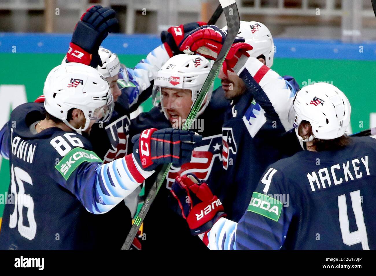 Riga Latvia 5th June 21 The Usa S Players Celebrate Scoring In A 21 Iihf World Championship Semifinal Match Against Canada At Arena Riga Credit Natalia Fedosenko Tass Alamy Live News Stock Photo Alamy