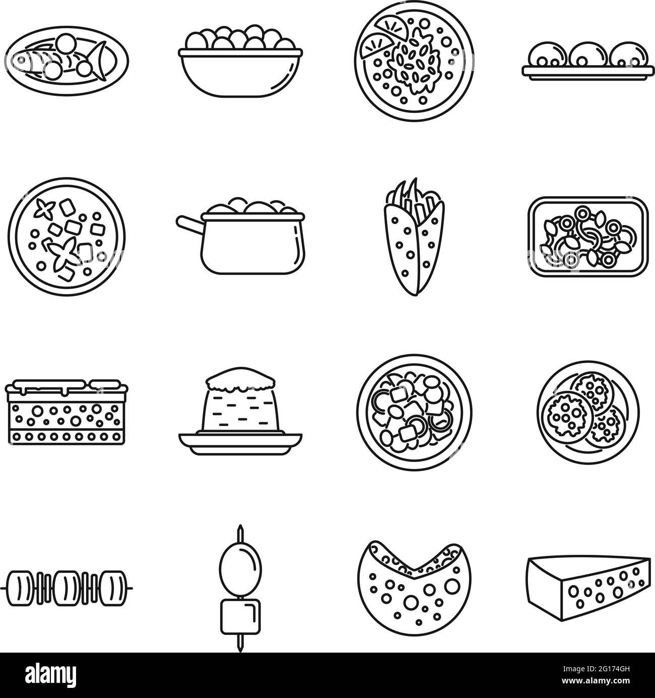 Travel Greece food icons set, outline style Stock Vector