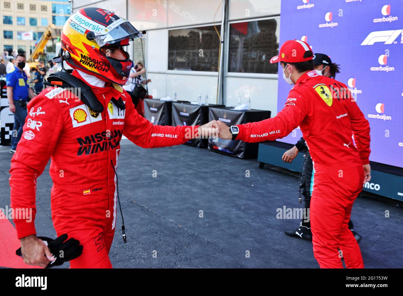 Baku Azerbaijan 05th June 2021 L To R Carlos Sainz Jr Esp Ferrari With Team Mate And Pole Sitter Charles Leclerc Mon Ferrari In Qualifying Parc Ferme 05 06 2021 Formula 1 World Championship