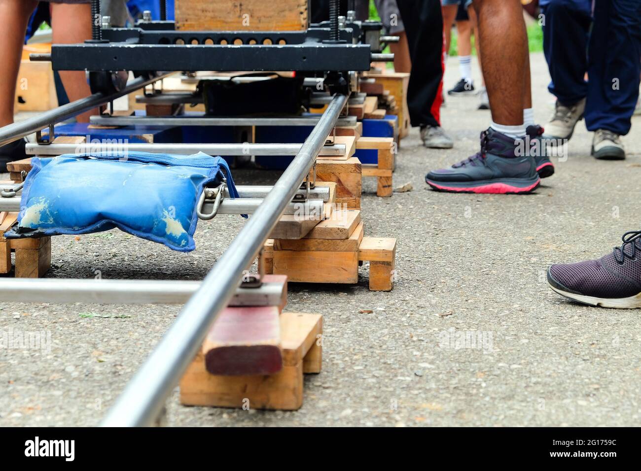 Detail of dolly track for camera equipment,Film Shoot,Behind the scene