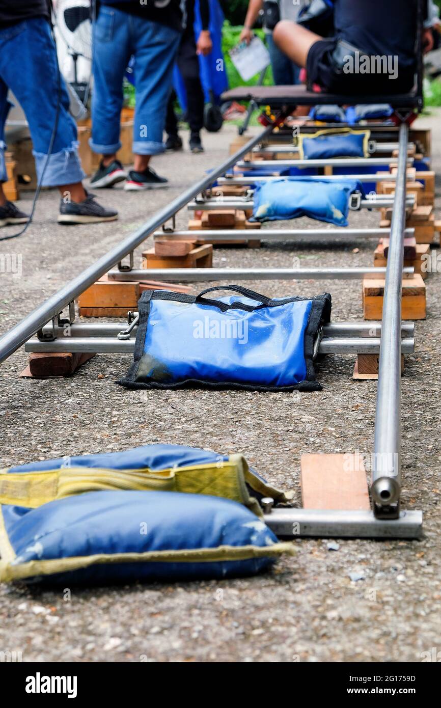 Detail of dolly track for camera equipment,Film Shoot,Behind the scene