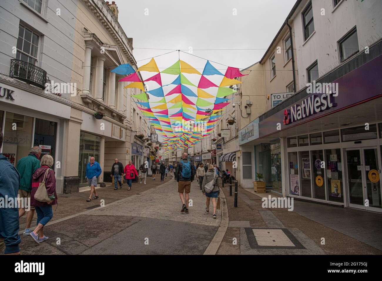 Falmouth Cornwall, Open for business, G7 Summit, Falmouth high street, G7 Summit in Cornwall, docks of Falmouth, The vessel will remain static, moored in Falmouth, used for a 10-day period, accommodation, catering, Credit: kathleen white/Alamy Live News Stock Photo
