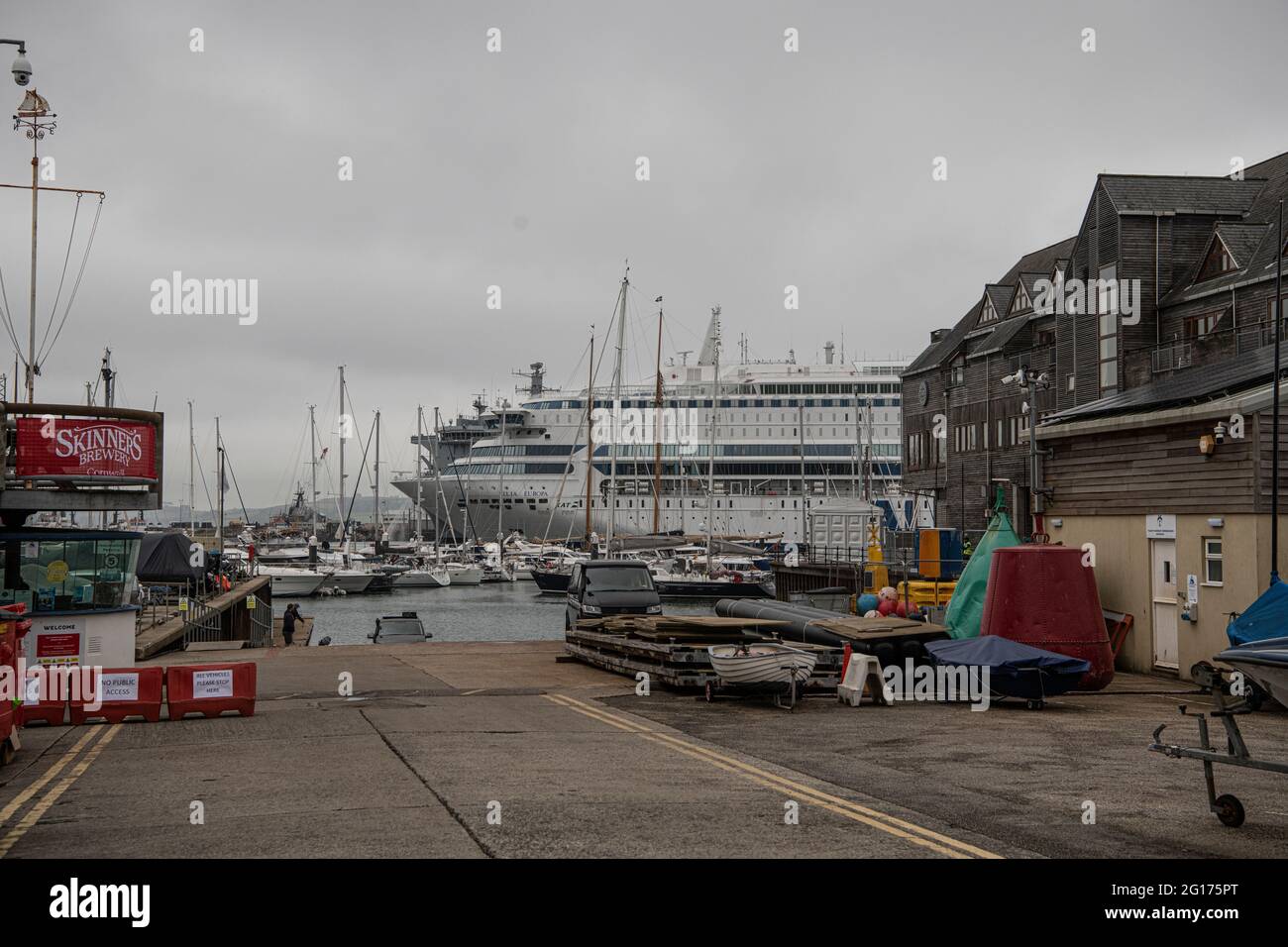Falmouth Cornwall, Open for business, G7 Summit, Falmouth high street, G7 Summit in Cornwall, docks of Falmouth, The vessel will remain static, moored in Falmouth, used for a 10-day period, accommodation, catering, Credit: kathleen white/Alamy Live News Stock Photo