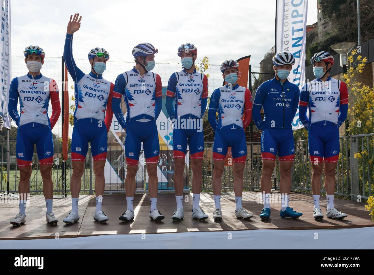 Groupama- FDJ team pose for a group photo during the official presentation  before the start of the first stage of the Tour des Alpes-Maritimes et du  Var. The 53rd edition of the