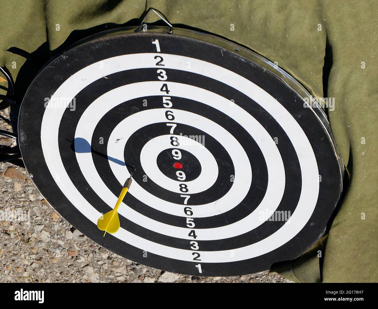 Dart board game board outdoors ready for playing Stock Photo Alamy