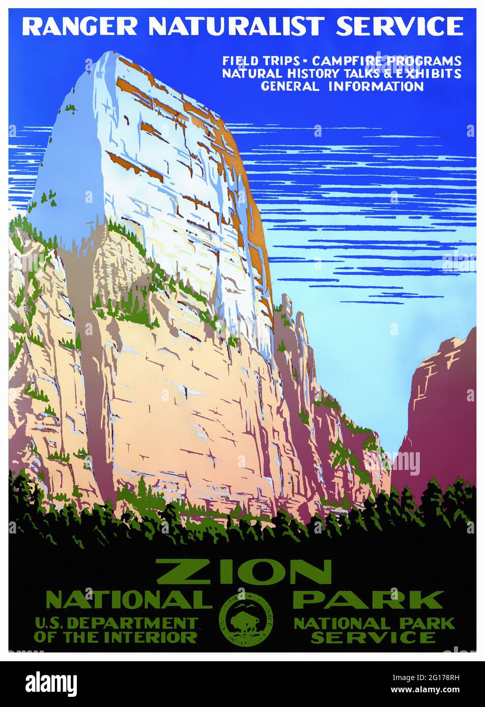 Zion National Park, Ranger Naturalist Service by Chester Don Powell (1896-1964). Restored vintage WPA poster published 1938 in the USA. Stock Photo
