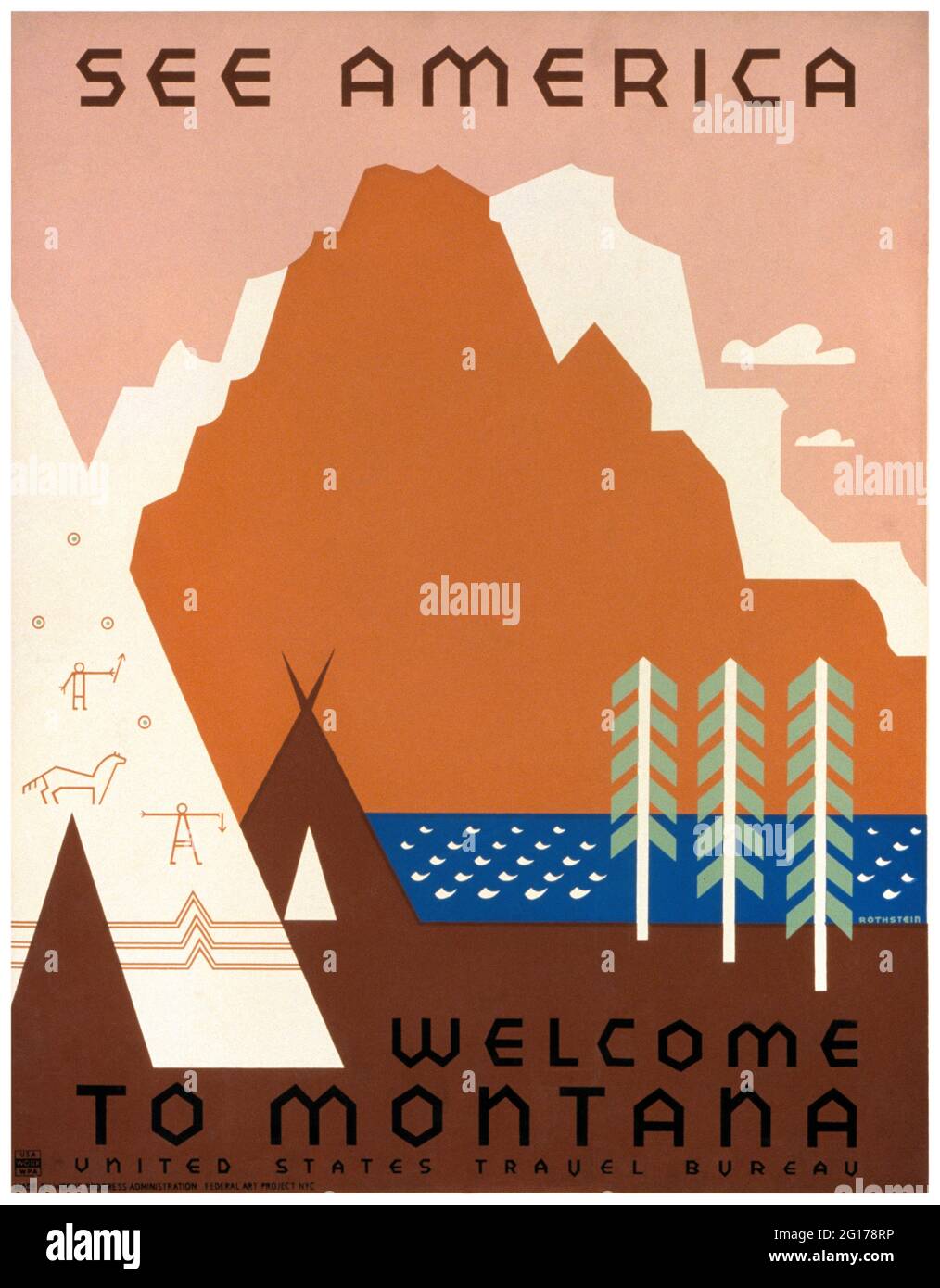 See America. Welcome to Montana by Jerome Henry Rothstein (1918-2008). Restored vintage WPA poster published 1936 in the USA. Stock Photo